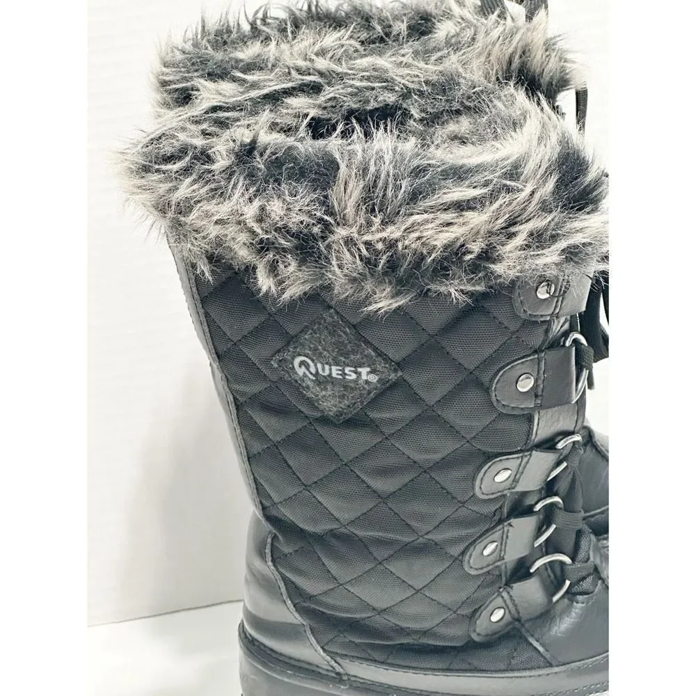 Quest Powder Winter Snow Boots Faux Fur Collar 3M Insulated Rubber Boots Black 7